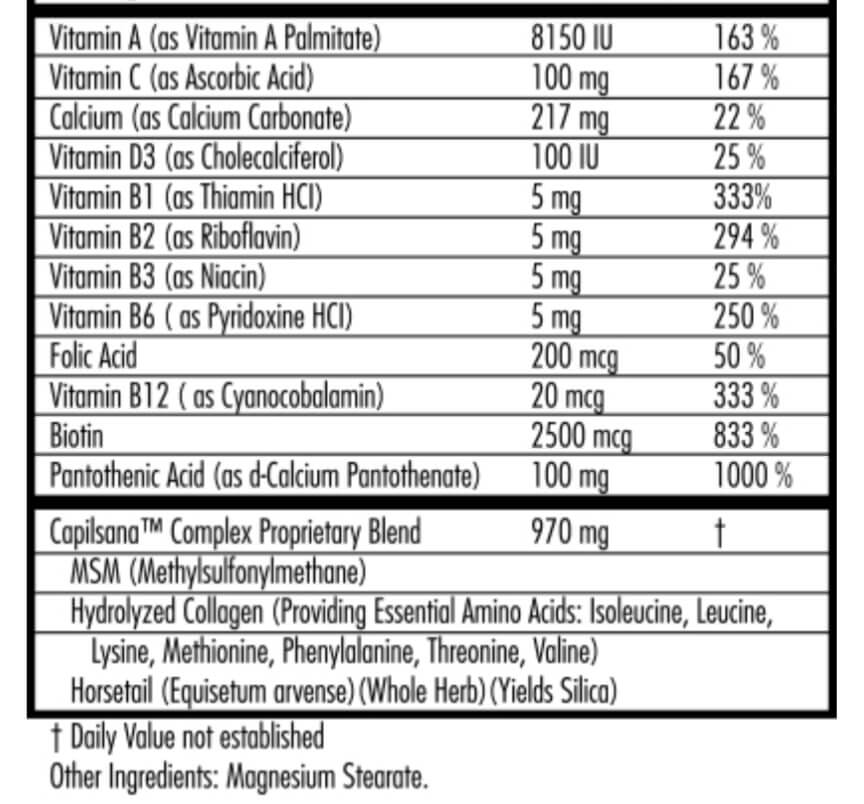 Hairfinity's Health Hair Vitamins supplement facts